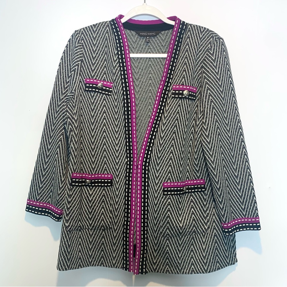 Ming Wang Chevron Knit Cardigan Sweater Jacket Purple Trim Silver Button